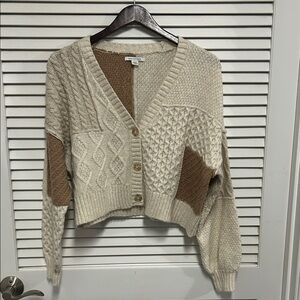 American Eagle Patchwork Cable Knit Cropped Cardigan Sweater